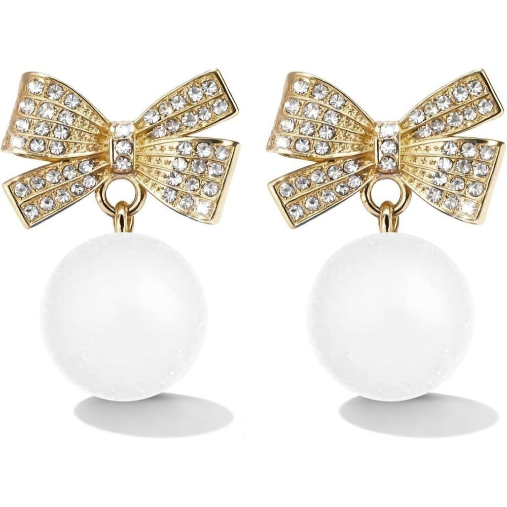 Women's White Bow Rhinestone Pearl Bow Earring Holiday Jewelry Gift Christmas